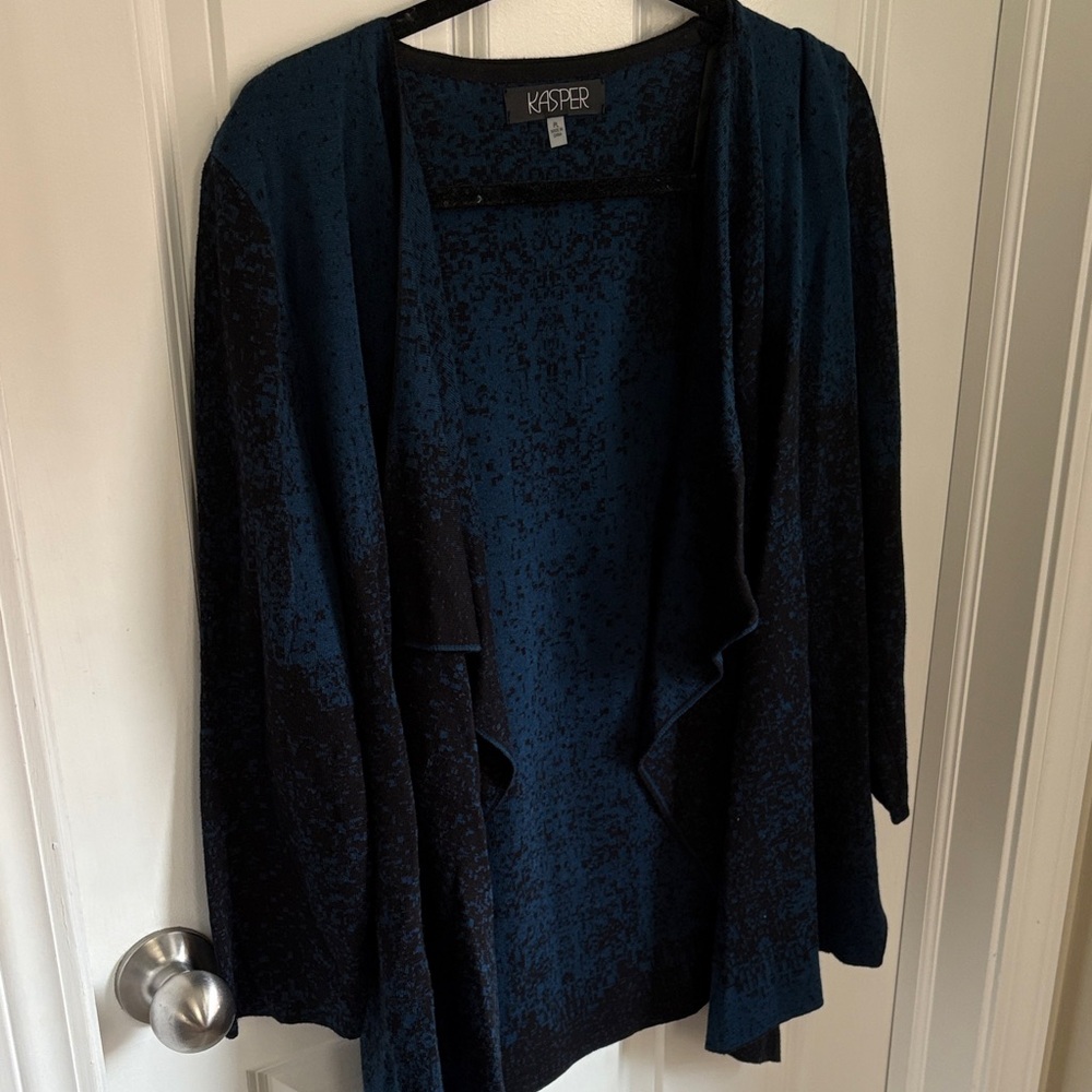 Kasper Women's Draped Tiered Dark Blue and Black Open Cardigan